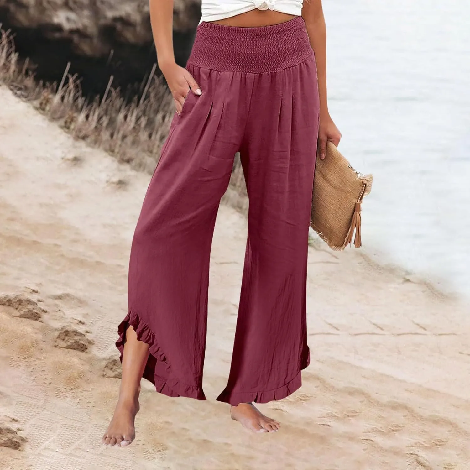 Cargo Pants Women,Womens Capris with Pockets Elastic High Waisted Linen Wide Leg Summer Pants for Women Trendy 2025