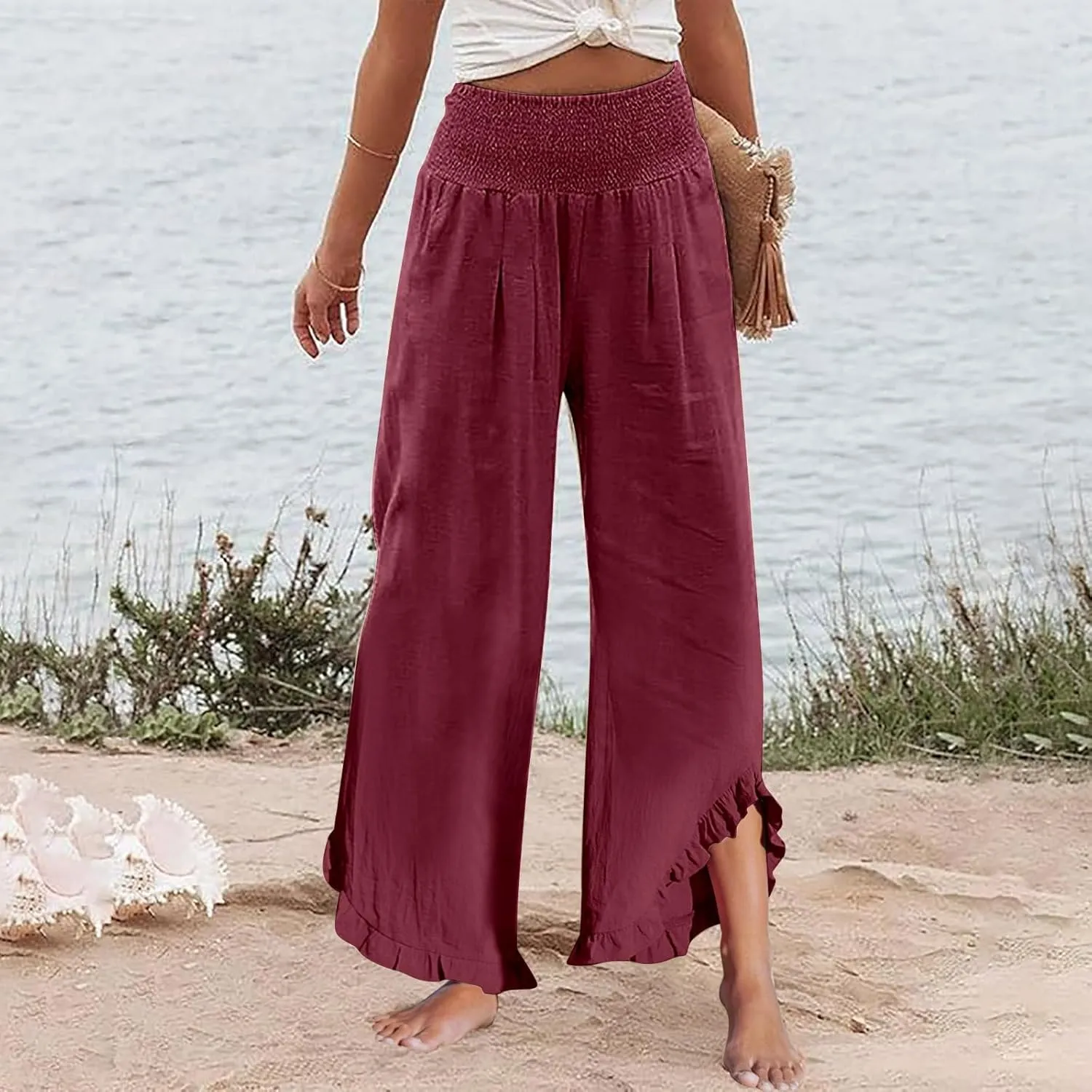 Cargo Pants Women,Womens Capris with Pockets Elastic High Waisted Linen Wide Leg Summer Pants for Women Trendy 2025