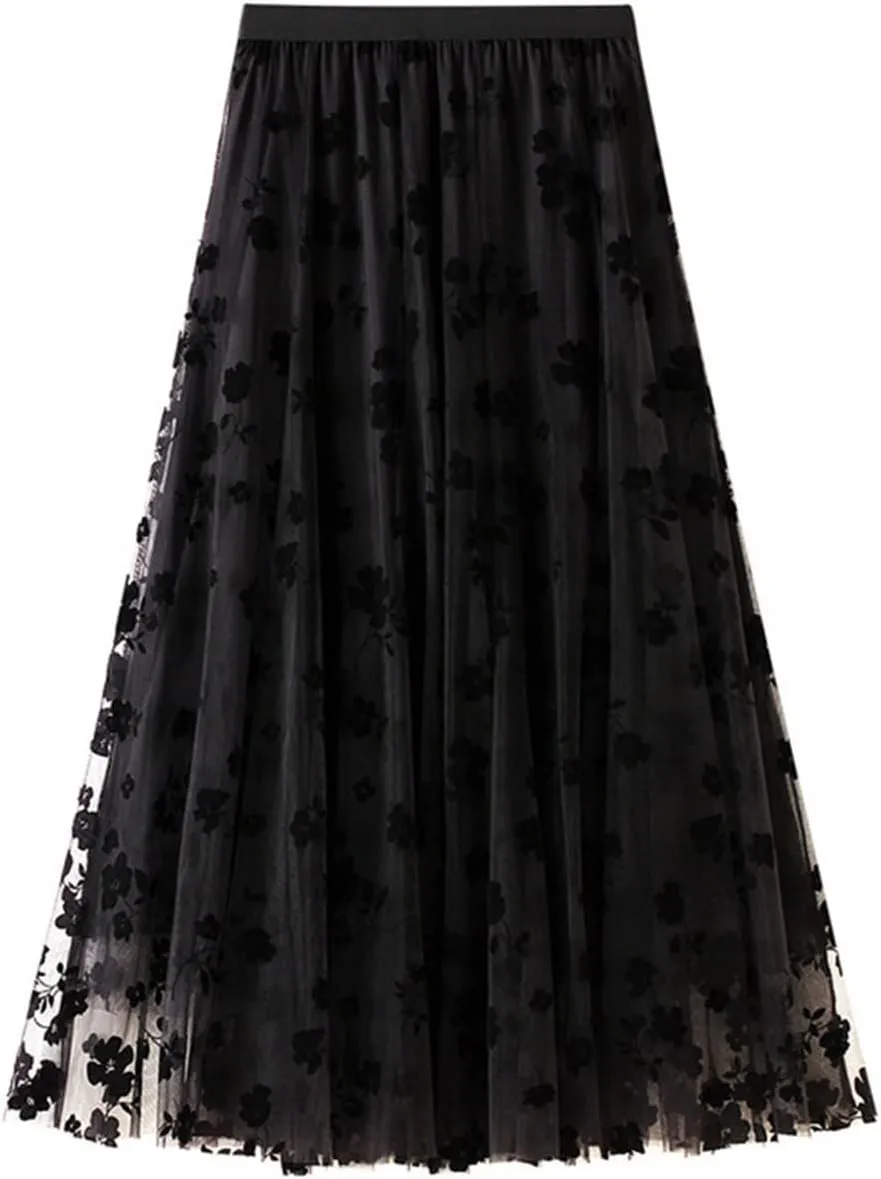 Casual Long Tulle Skirt Women Retro Butterfly Embroidery Elastic High Waist A-Line Mesh Pleated Skirt Midi Skirt