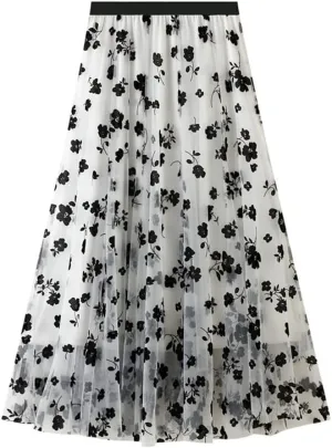 Casual Long Tulle Skirt Women Retro Butterfly Embroidery Elastic High Waist A-Line Mesh Pleated Skirt Midi Skirt
