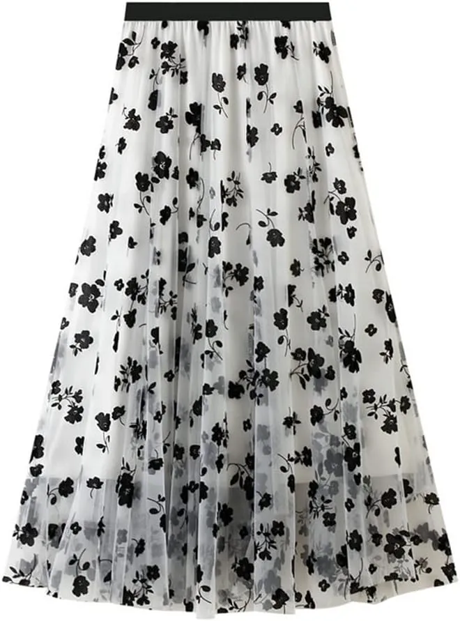 Casual Long Tulle Skirt Women Retro Butterfly Embroidery Elastic High Waist A-Line Mesh Pleated Skirt Midi Skirt