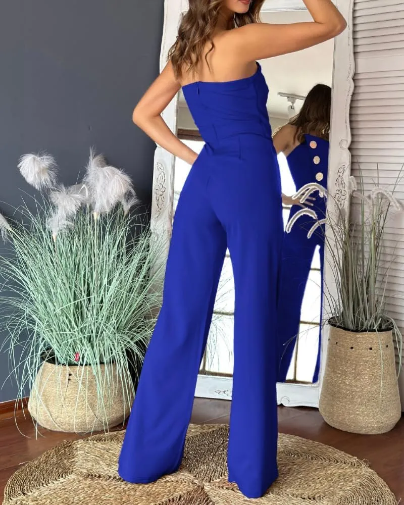 CHICME CHICME Women's Strapless Tube Top Jumpsuit Metal Button Decor Loose Wide Leg Pants