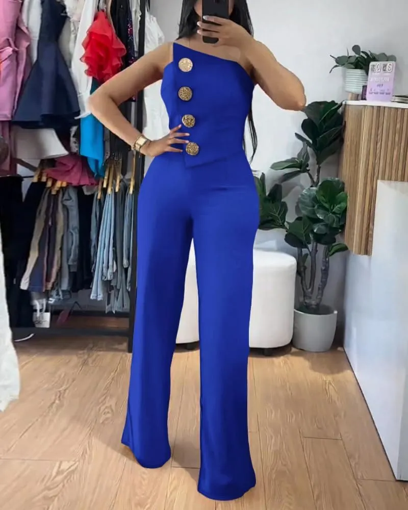 CHICME CHICME Women's Strapless Tube Top Jumpsuit Metal Button Decor Loose Wide Leg Pants