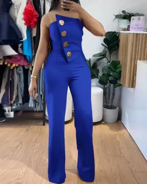 CHICME CHICME Women's Strapless Tube Top Jumpsuit Metal Button Decor Loose Wide Leg Pants
