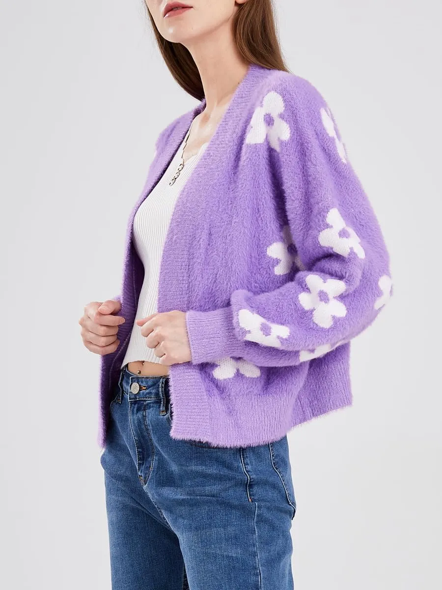chouyatou Women's Fuzzy Daisy Printed Cropped Cardigan Open Front Jacquard Knit Sweater Tops