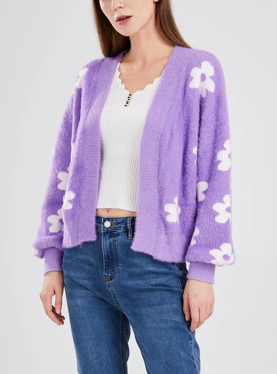 chouyatou Women's Fuzzy Daisy Printed Cropped Cardigan Open Front Jacquard Knit Sweater Tops