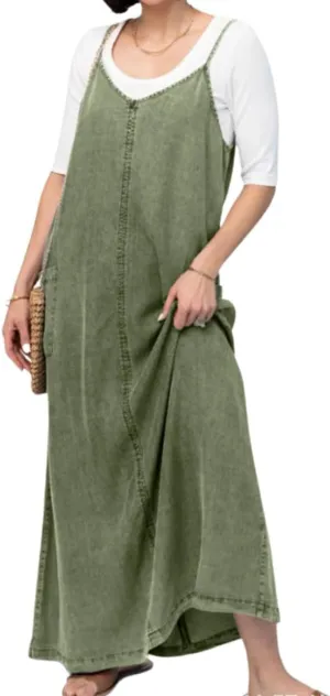 chouyatou Women's Summer Spaghetti Strap Denim Dress A-Line Overall Dress Flowy Swing Maxi Long Jean Dress