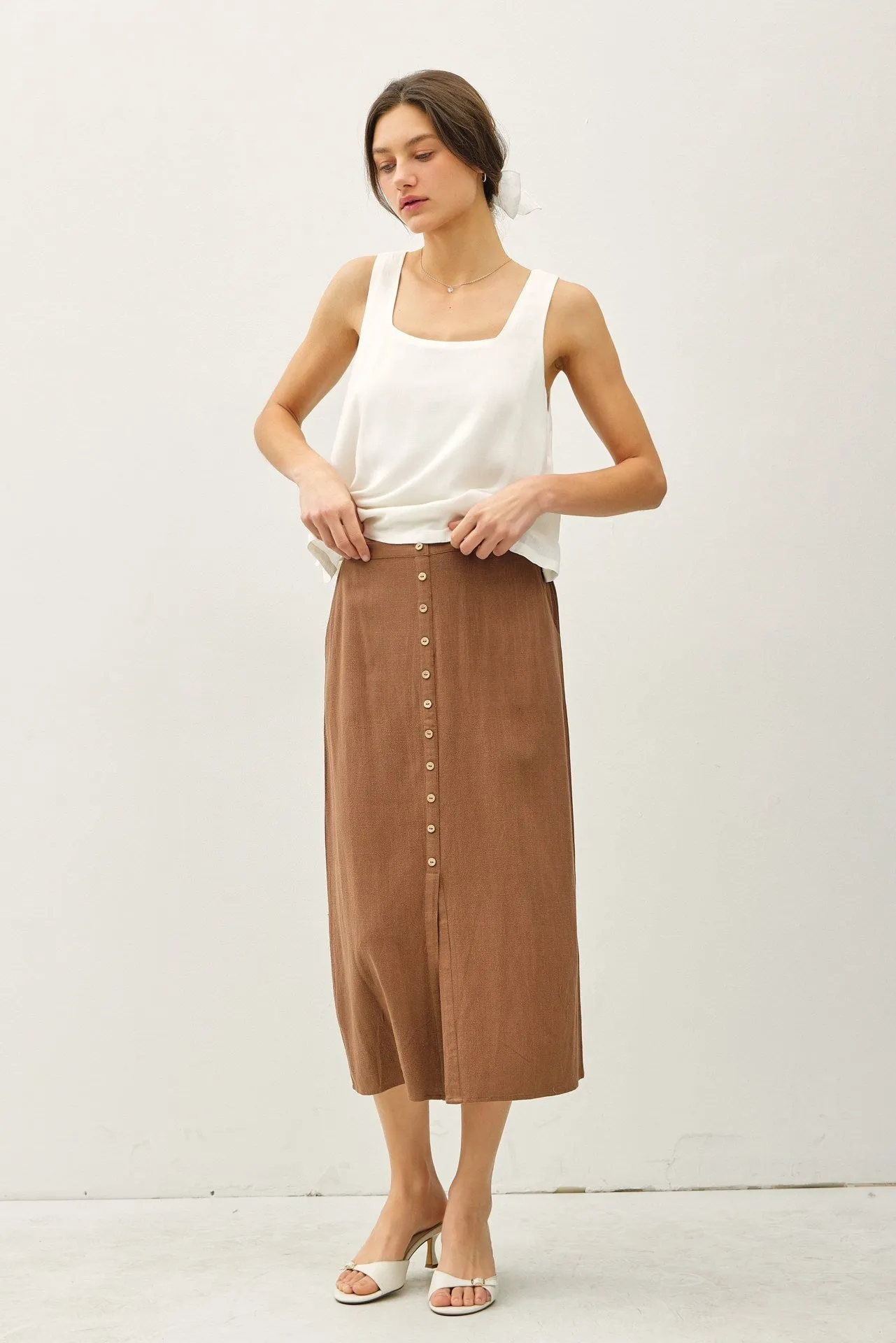 Coco Linen Blend Button Midi Skirt