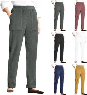 Corduroy Pants for Women Vintage High Waist Baggy Cargo Pants Elastic Waisted Wide Leg Straight Trousers with Pockets