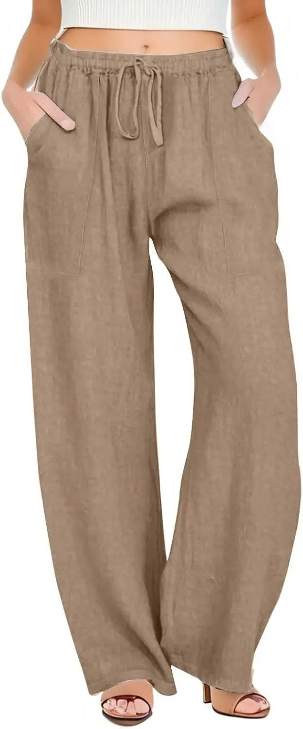 Cotton Linen Capri Pants for Women Flowy Wide Leg Summer High Waisted, Black Cargo Pants Women Golf Trousers