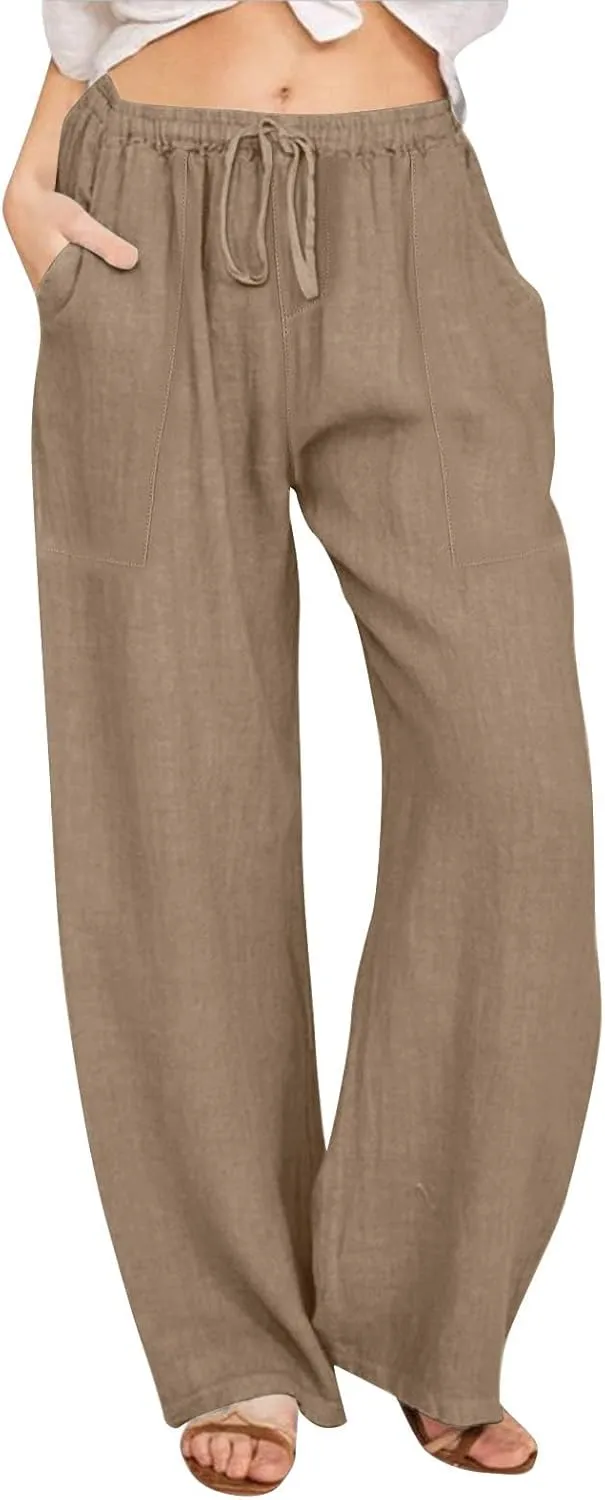 Cotton Linen Capri Pants for Women Flowy Wide Leg Summer High Waisted, Black Cargo Pants Women Golf Trousers