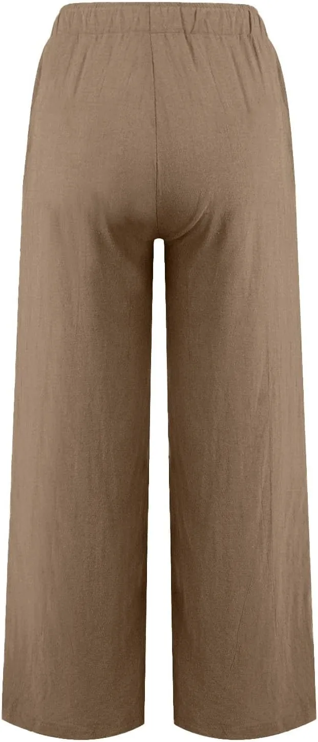 Cotton Linen Capri Pants for Women Flowy Wide Leg Summer High Waisted, Black Cargo Pants Women Golf Trousers