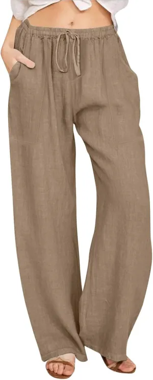 Cotton Linen Capri Pants for Women Flowy Wide Leg Summer High Waisted, Black Cargo Pants Women Golf Trousers