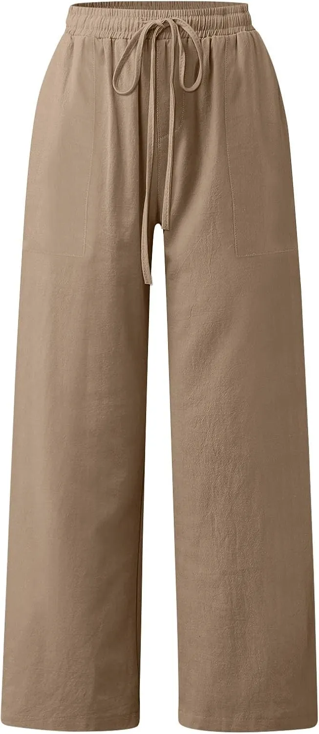 Cotton Linen Capri Pants for Women Flowy Wide Leg Summer High Waisted, Black Cargo Pants Women Golf Trousers