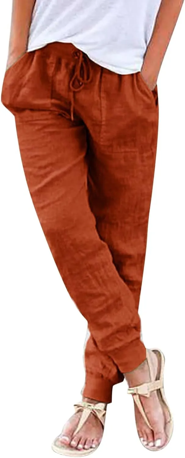 Cotton Linen Casual Summer Capri Pants for Women Cropped Comfy Baggy Trousers with Pockets Palazzo Lounge Pants