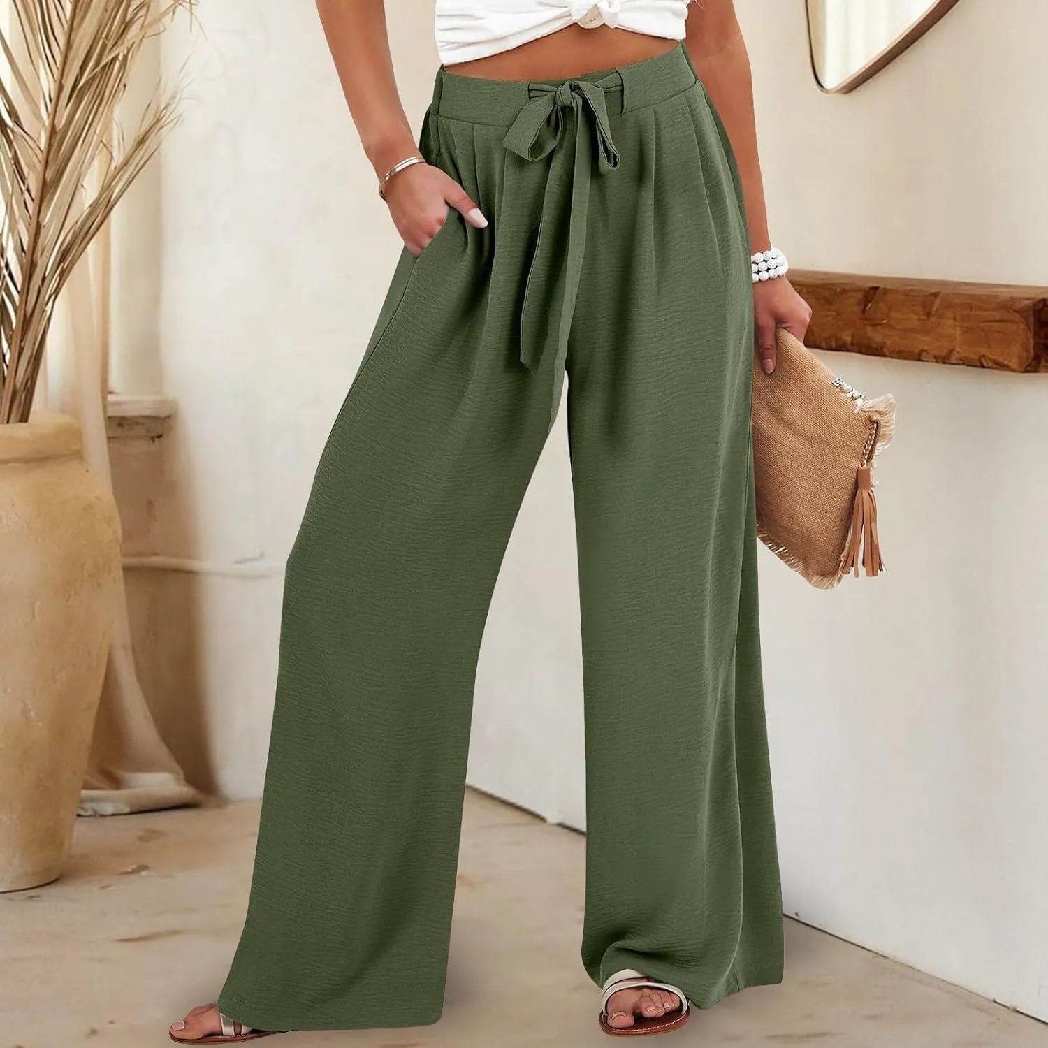 Cotton Linen Womens Capri Pants High Waisted Petite Trousers, Baggy Cargo Pants Women Cargo Wide Leg Summer