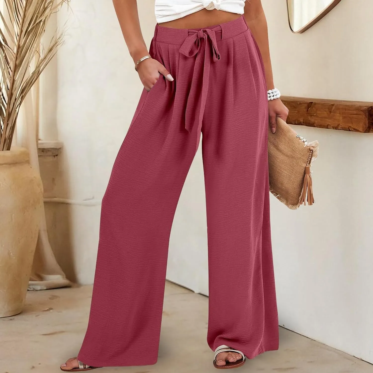 Cotton Linen Womens Capri Pants High Waisted Petite Trousers, Baggy Cargo Pants Women Cargo Wide Leg Summer