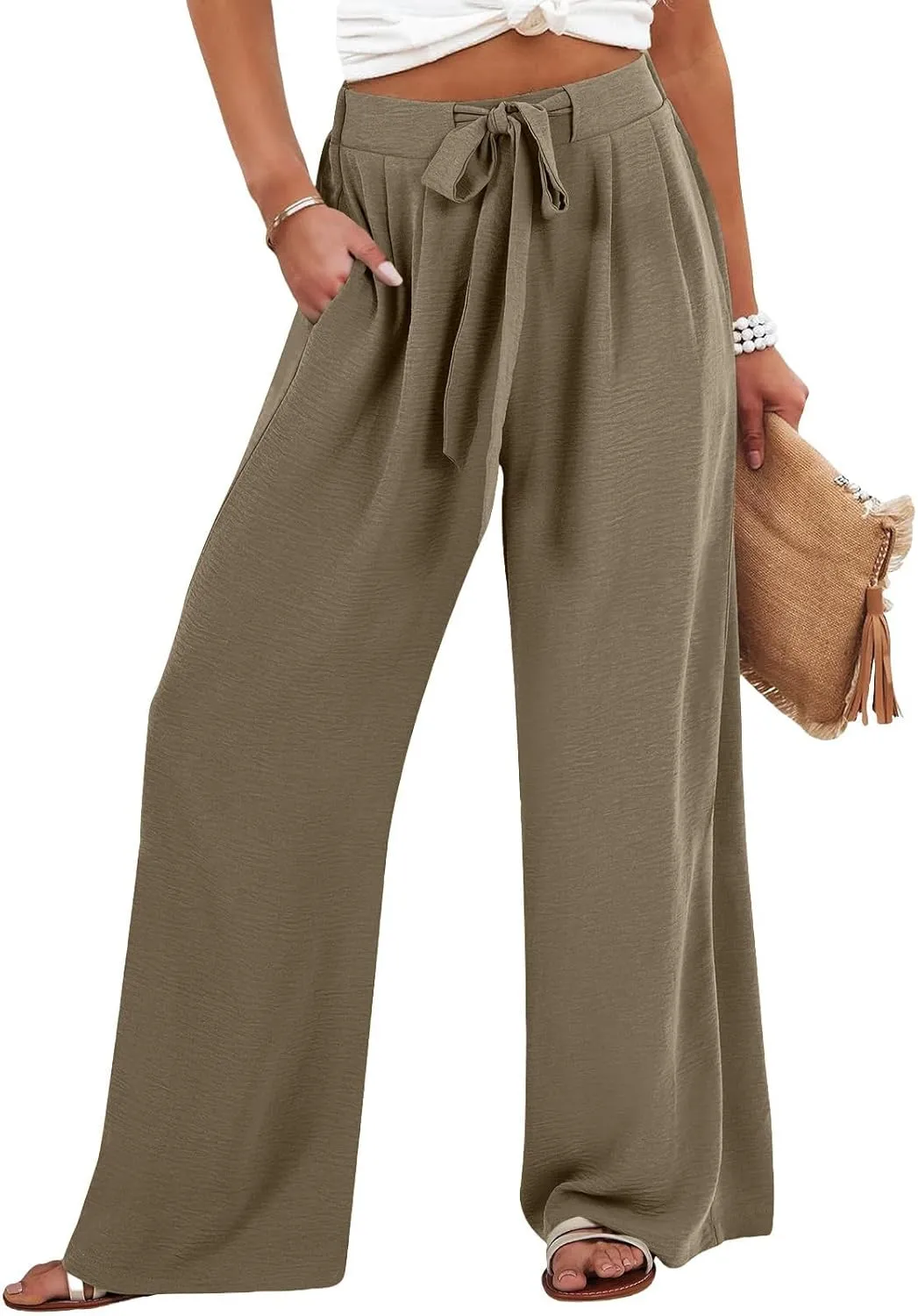 Cotton Linen Womens Capri Pants High Waisted Petite Trousers, Baggy Cargo Pants Women Cargo Wide Leg Summer