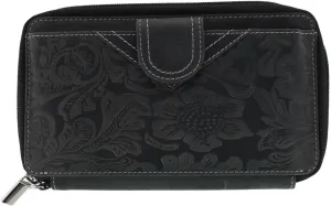 CTM Women's Embossed Floral Tooled Leather Wristlet