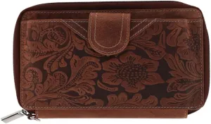 CTM Women's Embossed Floral Tooled Leather Wristlet