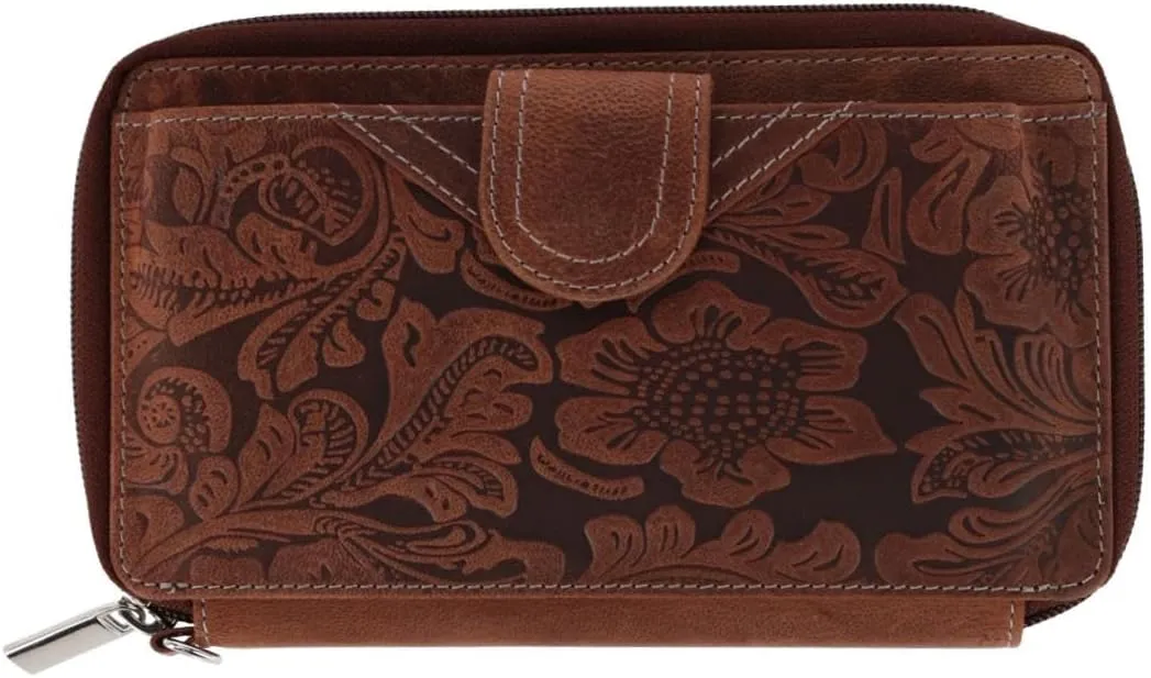 CTM Women's Embossed Floral Tooled Leather Wristlet