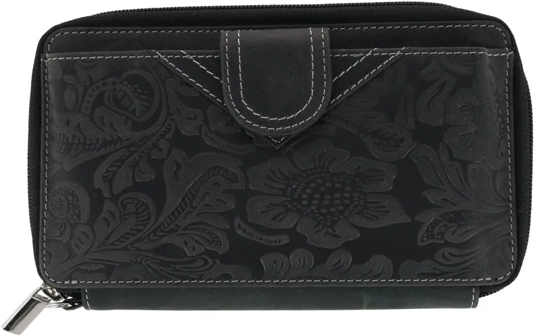 CTM Women's Embossed Floral Tooled Leather Wristlet