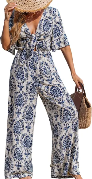 CUPSHE Women's Summer Jumpsuit Short Sleeve V Neck Self Tie Tropical Floral Wide Leg Beach Vacation Romper