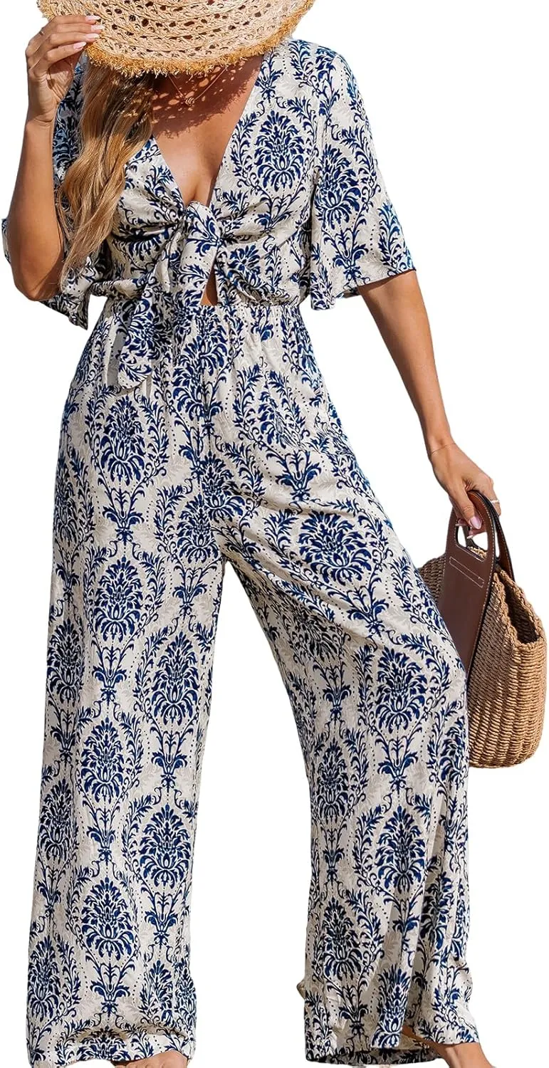 CUPSHE Women's Summer Jumpsuit Short Sleeve V Neck Self Tie Tropical Floral Wide Leg Beach Vacation Romper