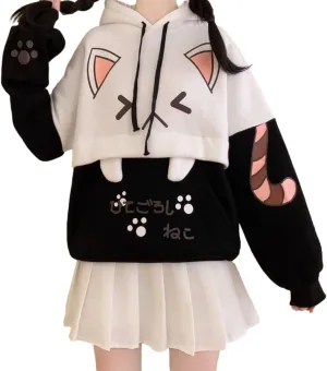 Cute Cat Graphic Hoodies Pullover Teens Japanese Kawaii Anime Print Hooded Sweatshirt Fashion Tops