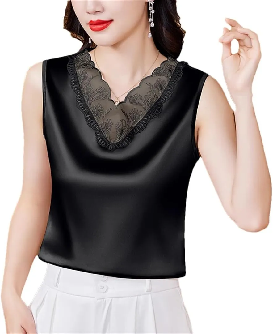 Dbdkejj Women Spring Summer Satin Camisole Sleeveless V-Neck Patchwork Lace Vest Tops