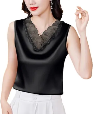 Dbdkejj Women Spring Summer Satin Camisole Sleeveless V-Neck Patchwork Lace Vest Tops