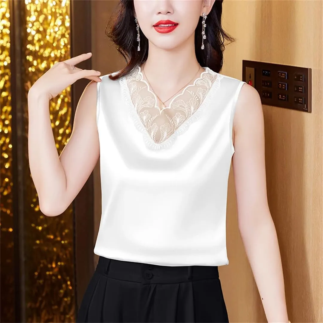 Dbdkejj Women Spring Summer Satin Camisole Sleeveless V-Neck Patchwork Lace Vest Tops