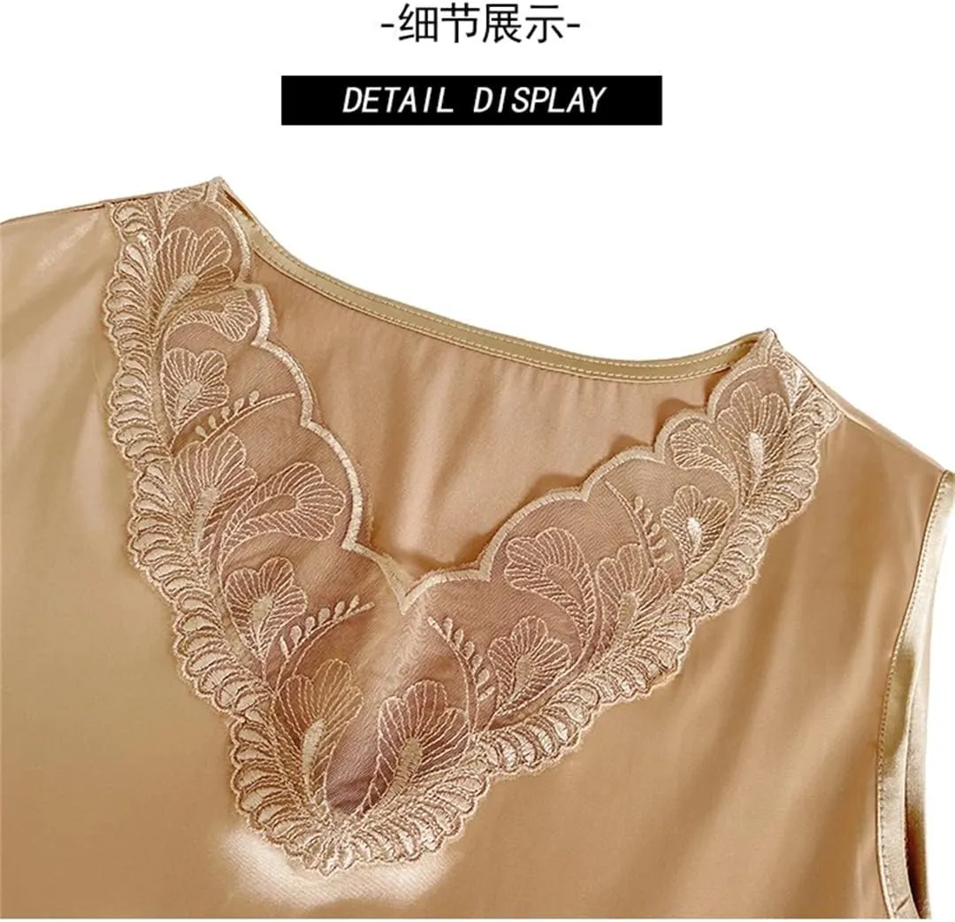 Dbdkejj Women Spring Summer Satin Camisole Sleeveless V-Neck Patchwork Lace Vest Tops
