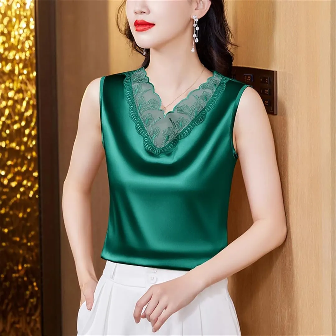 Dbdkejj Women Spring Summer Satin Camisole Sleeveless V-Neck Patchwork Lace Vest Tops