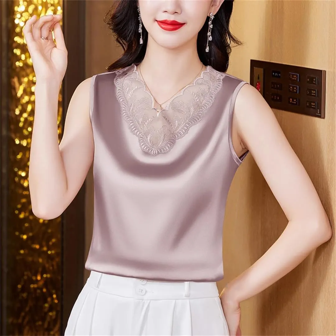 Dbdkejj Women Spring Summer Satin Camisole Sleeveless V-Neck Patchwork Lace Vest Tops