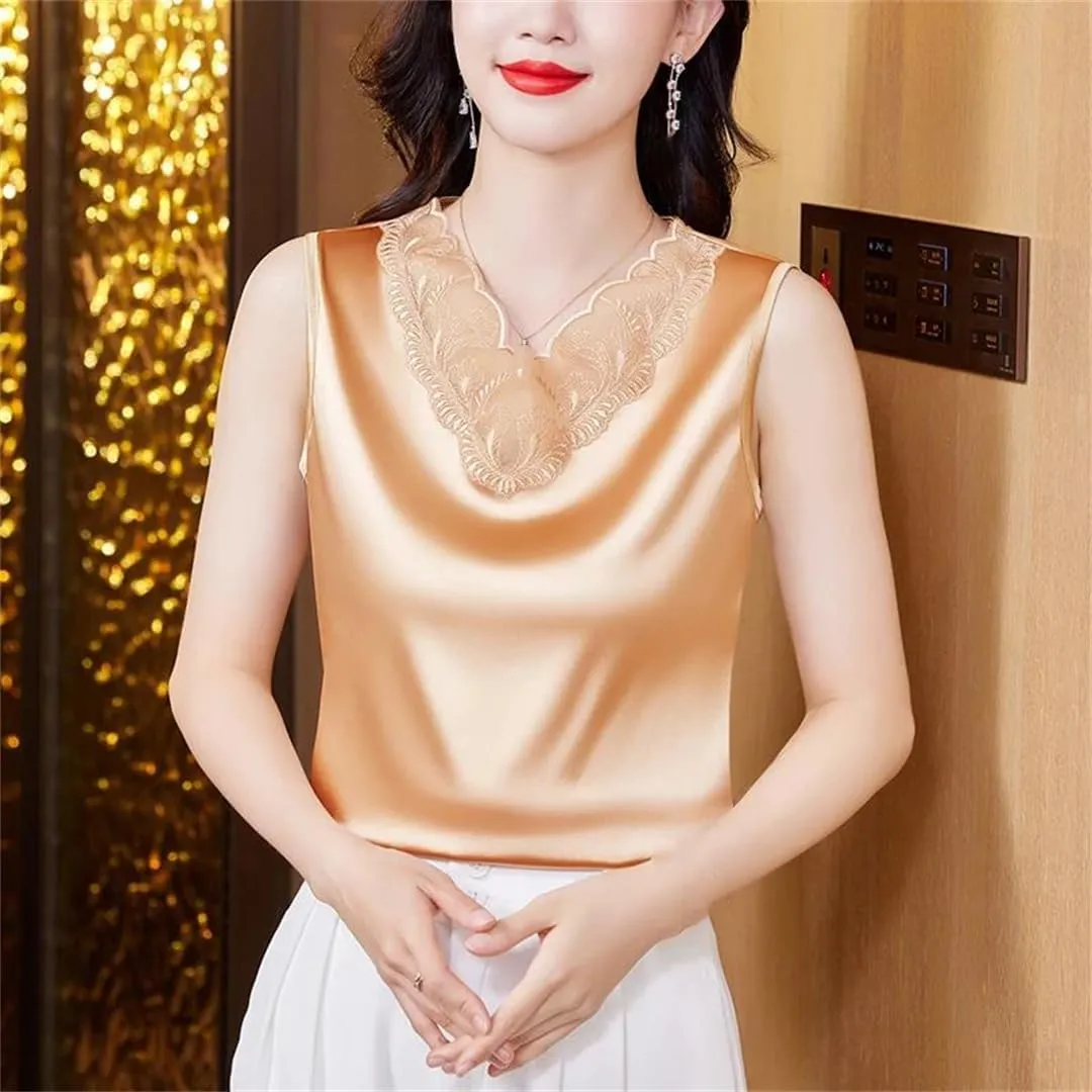 Dbdkejj Women Spring Summer Satin Camisole Sleeveless V-Neck Patchwork Lace Vest Tops