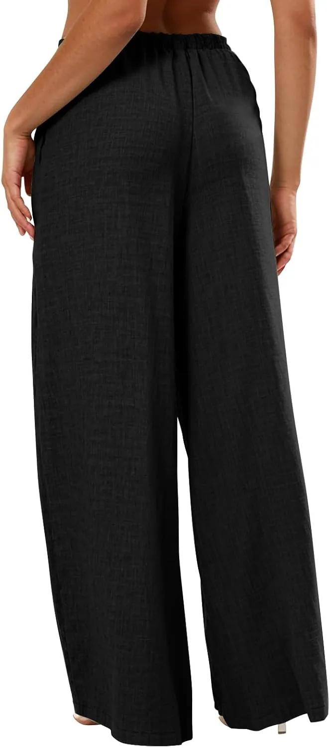 Dress Pants Women Flowy Trousers, Plus Size Pants for Curvy Women Wide Leg Summer Cargo Cotton Linen High Waisted