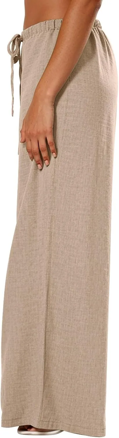 Dress Pants Women Flowy Trousers, Plus Size Pants for Curvy Women Wide Leg Summer Cargo Cotton Linen High Waisted