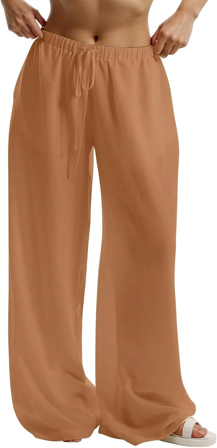 Dress Pants Women Flowy Trousers, Plus Size Pants for Curvy Women Wide Leg Summer Cargo Cotton Linen High Waisted