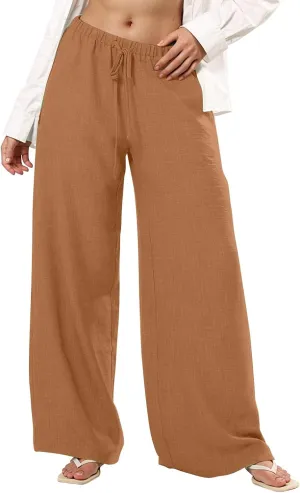 Dress Pants Women Flowy Trousers, Plus Size Pants for Curvy Women Wide Leg Summer Cargo Cotton Linen High Waisted