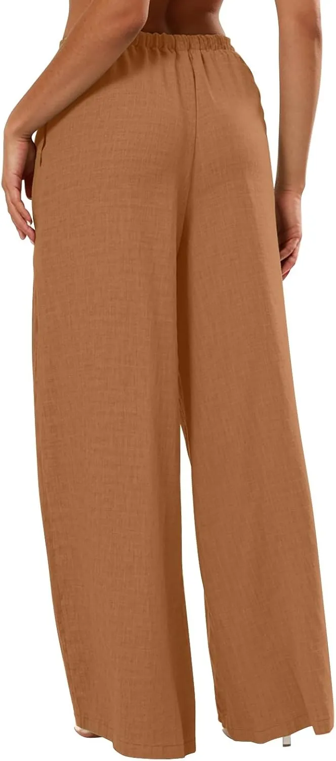 Dress Pants Women Flowy Trousers, Plus Size Pants for Curvy Women Wide Leg Summer Cargo Cotton Linen High Waisted