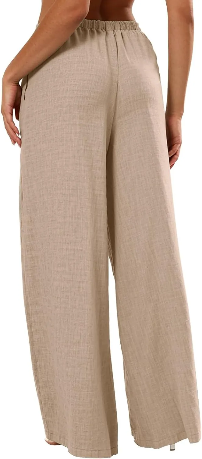 Dress Pants Women Flowy Trousers, Plus Size Pants for Curvy Women Wide Leg Summer Cargo Cotton Linen High Waisted