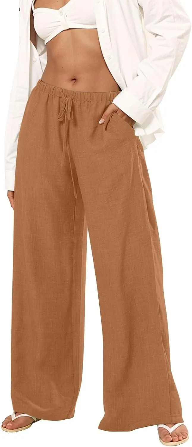 Dress Pants Women Flowy Trousers, Plus Size Pants for Curvy Women Wide Leg Summer Cargo Cotton Linen High Waisted