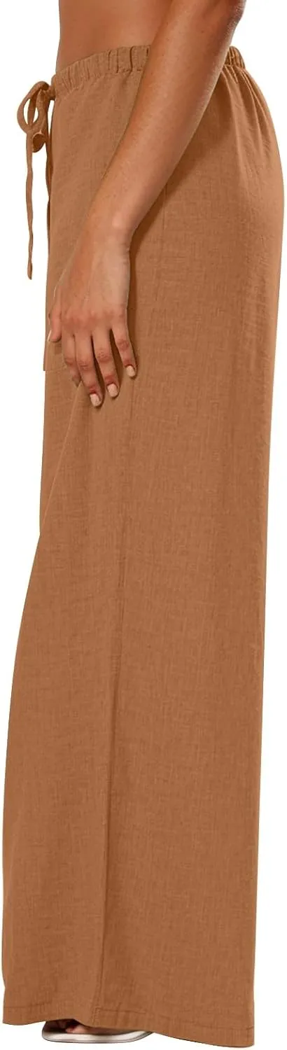 Dress Pants Women Flowy Trousers, Plus Size Pants for Curvy Women Wide Leg Summer Cargo Cotton Linen High Waisted