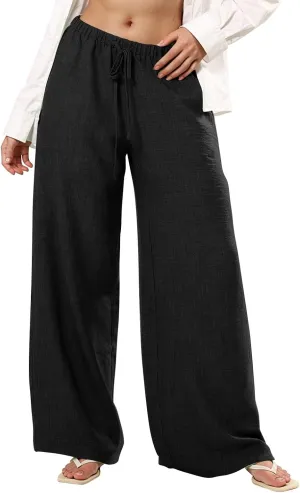 Dress Pants Women Flowy Trousers, Plus Size Pants for Curvy Women Wide Leg Summer Cargo Cotton Linen High Waisted
