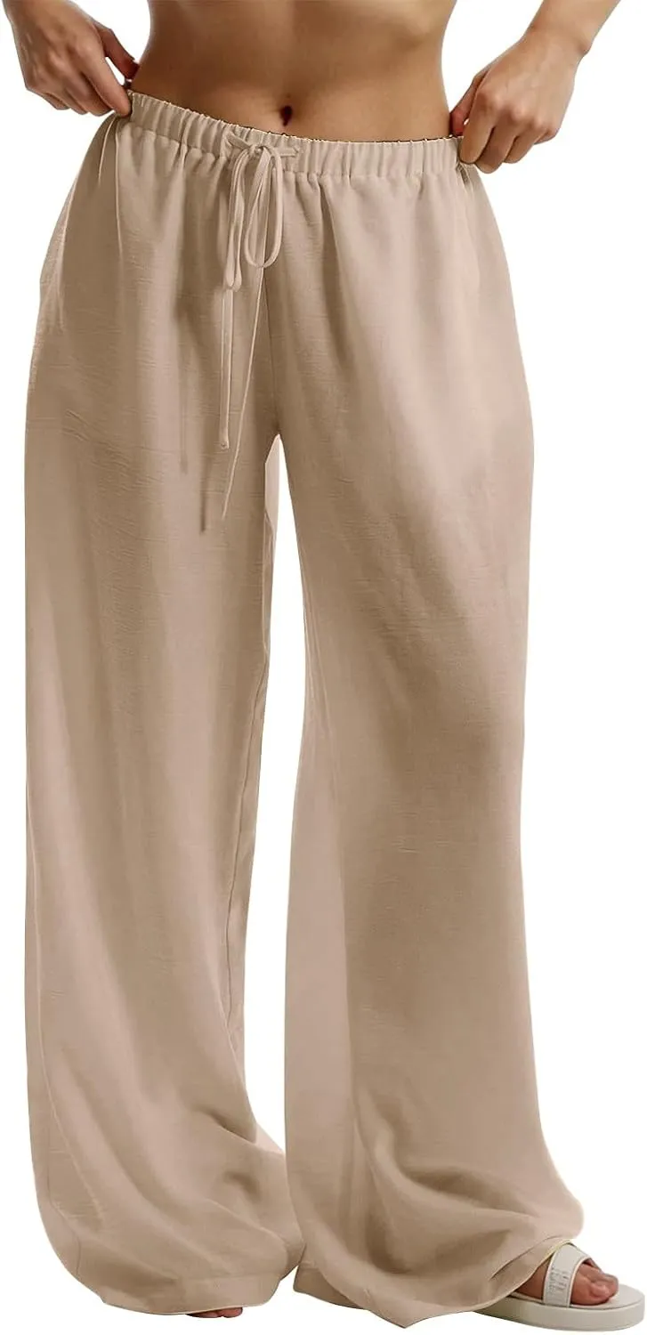 Dress Pants Women Flowy Trousers, Plus Size Pants for Curvy Women Wide Leg Summer Cargo Cotton Linen High Waisted
