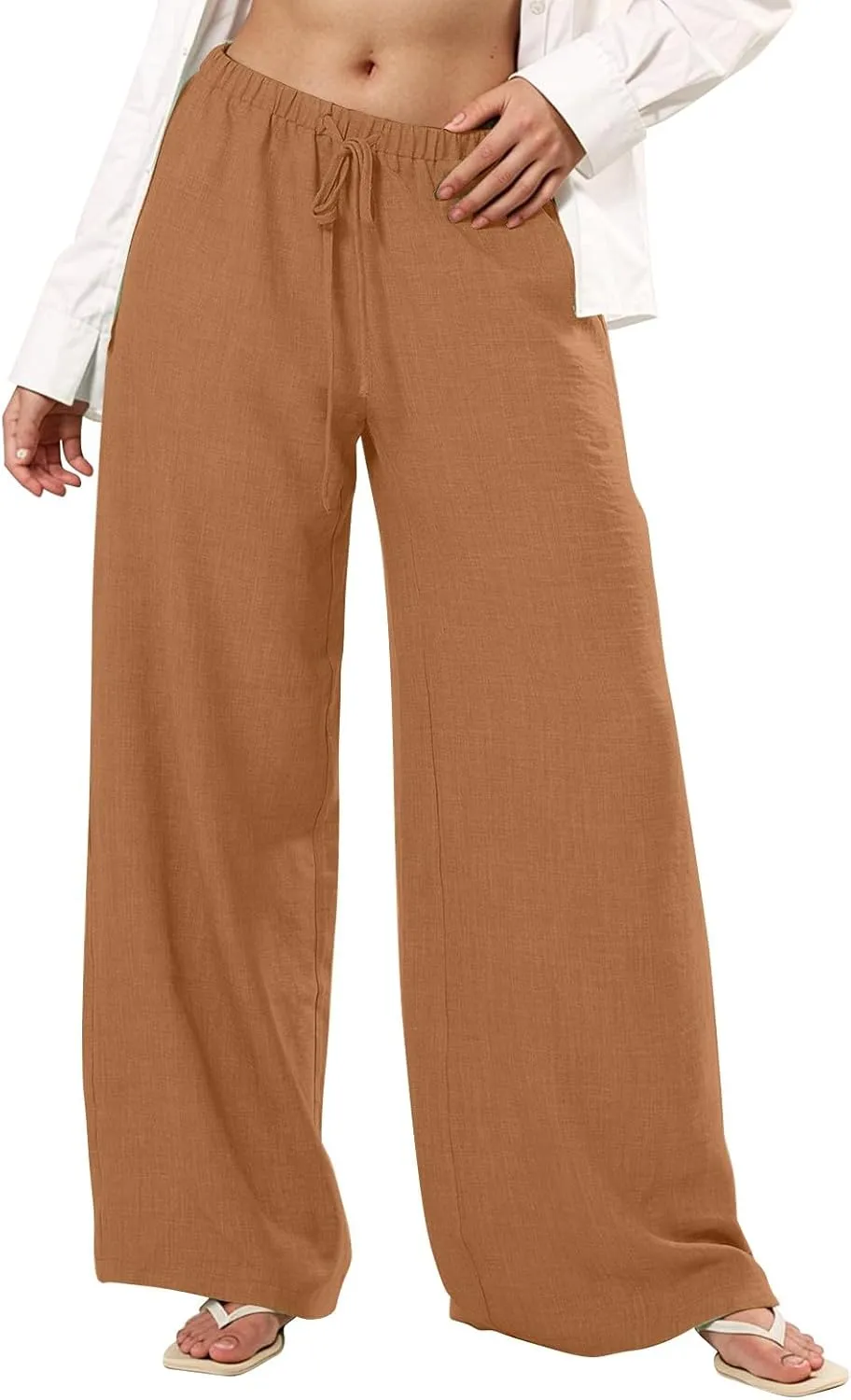 Dress Pants Women Flowy Trousers, Plus Size Pants for Curvy Women Wide Leg Summer Cargo Cotton Linen High Waisted