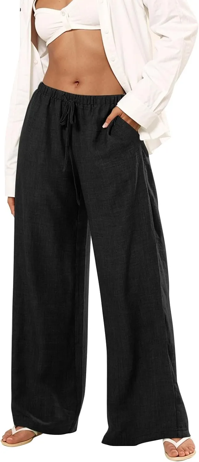 Dress Pants Women Flowy Trousers, Plus Size Pants for Curvy Women Wide Leg Summer Cargo Cotton Linen High Waisted