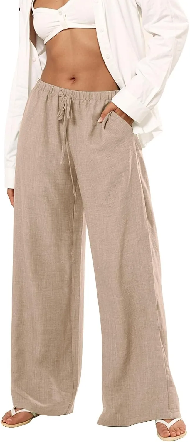 Dress Pants Women Flowy Trousers, Plus Size Pants for Curvy Women Wide Leg Summer Cargo Cotton Linen High Waisted