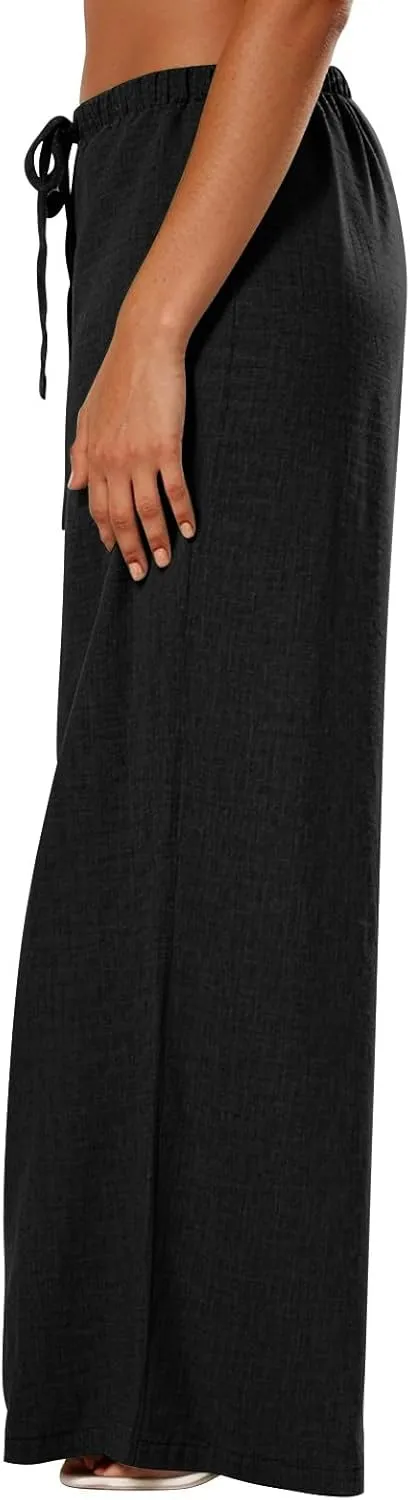 Dress Pants Women Flowy Trousers, Plus Size Pants for Curvy Women Wide Leg Summer Cargo Cotton Linen High Waisted